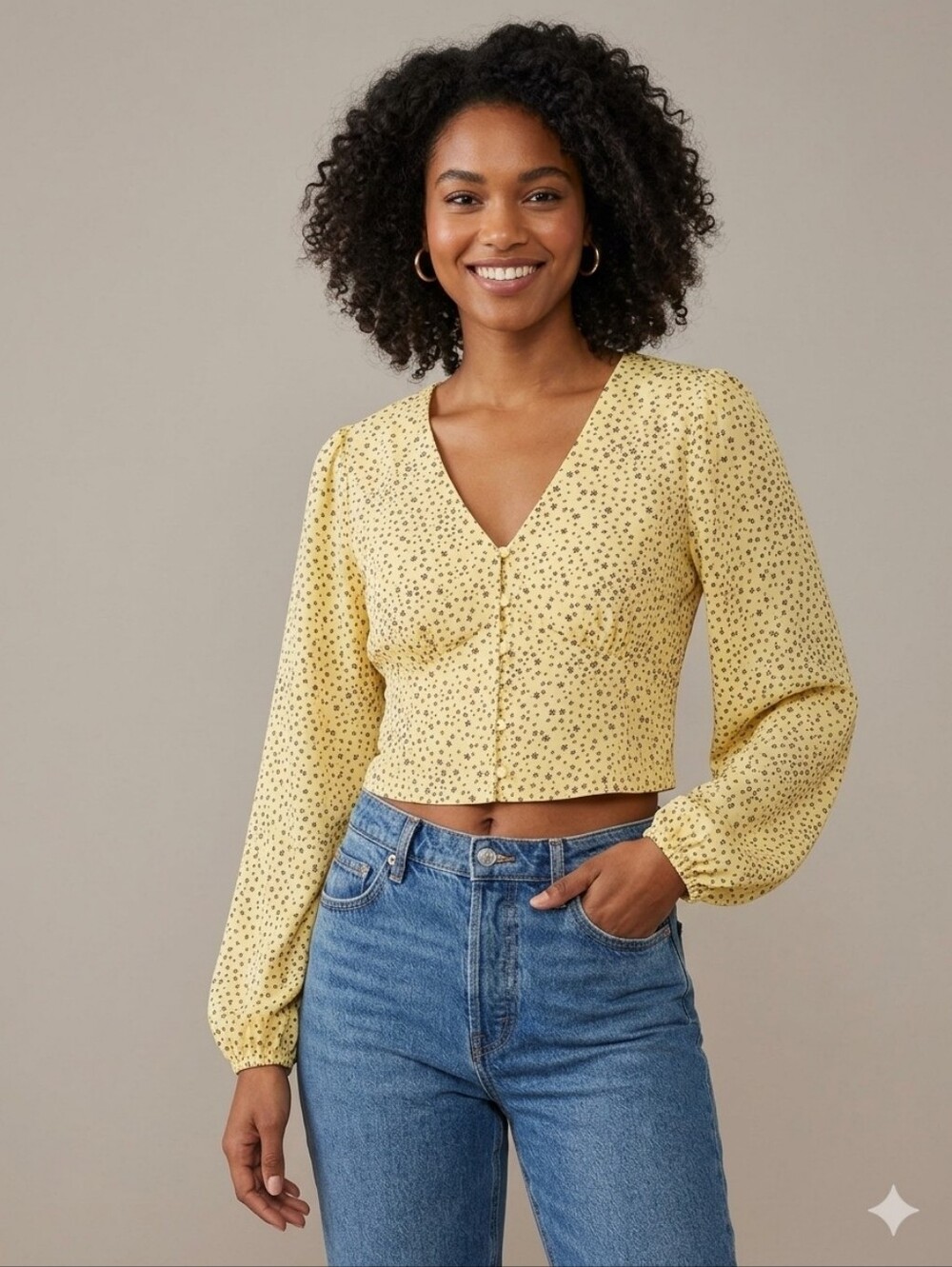 Levi's Yellow Long-Sleeve Polka Dot V-Neck Blouse